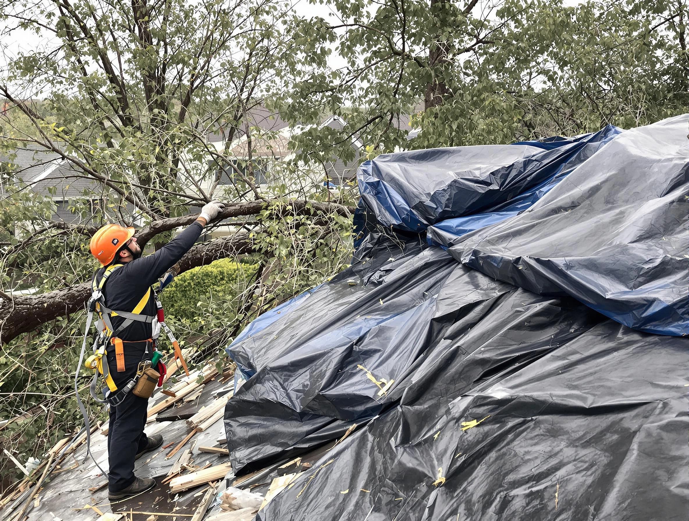 A tarped roof after storm damage repaired by Fairview Park Roofing Company in Fairview Park, OH