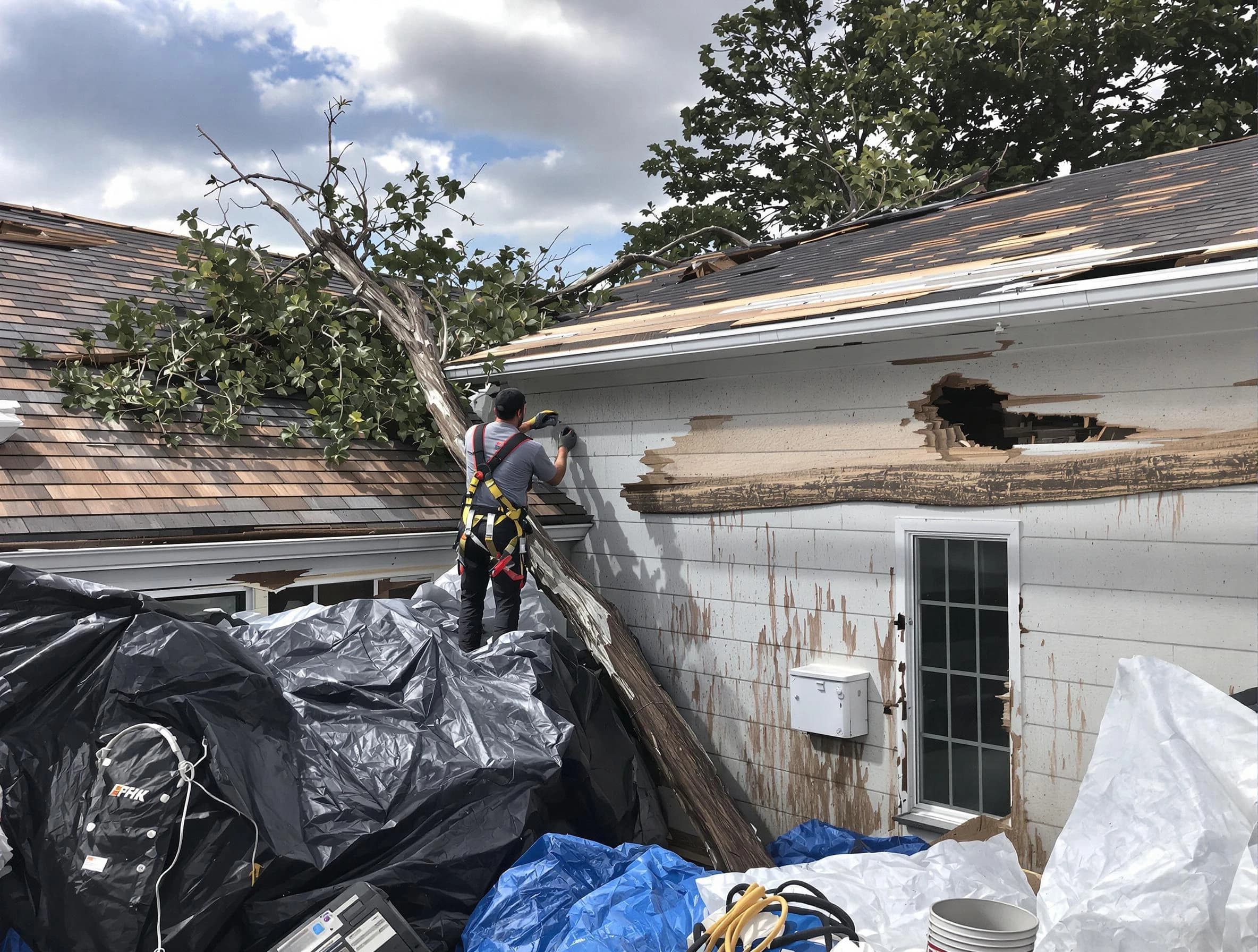 Fairview Park Roofing Company technicians handling urgent roof damage in Fairview Park, OH