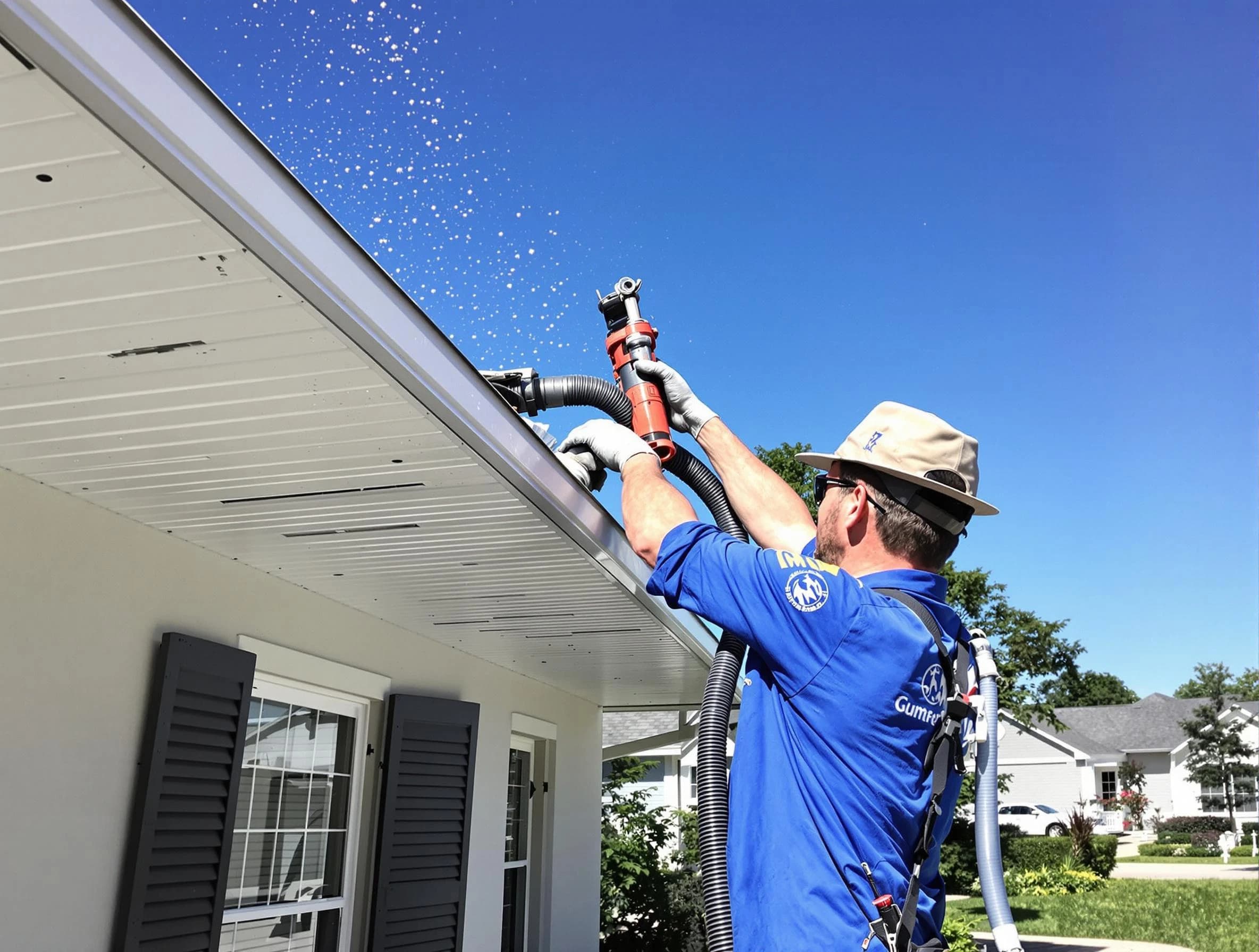 Technician completing a gutter cleaning project by Fairview Park Roofing Company in Fairview Park, OH