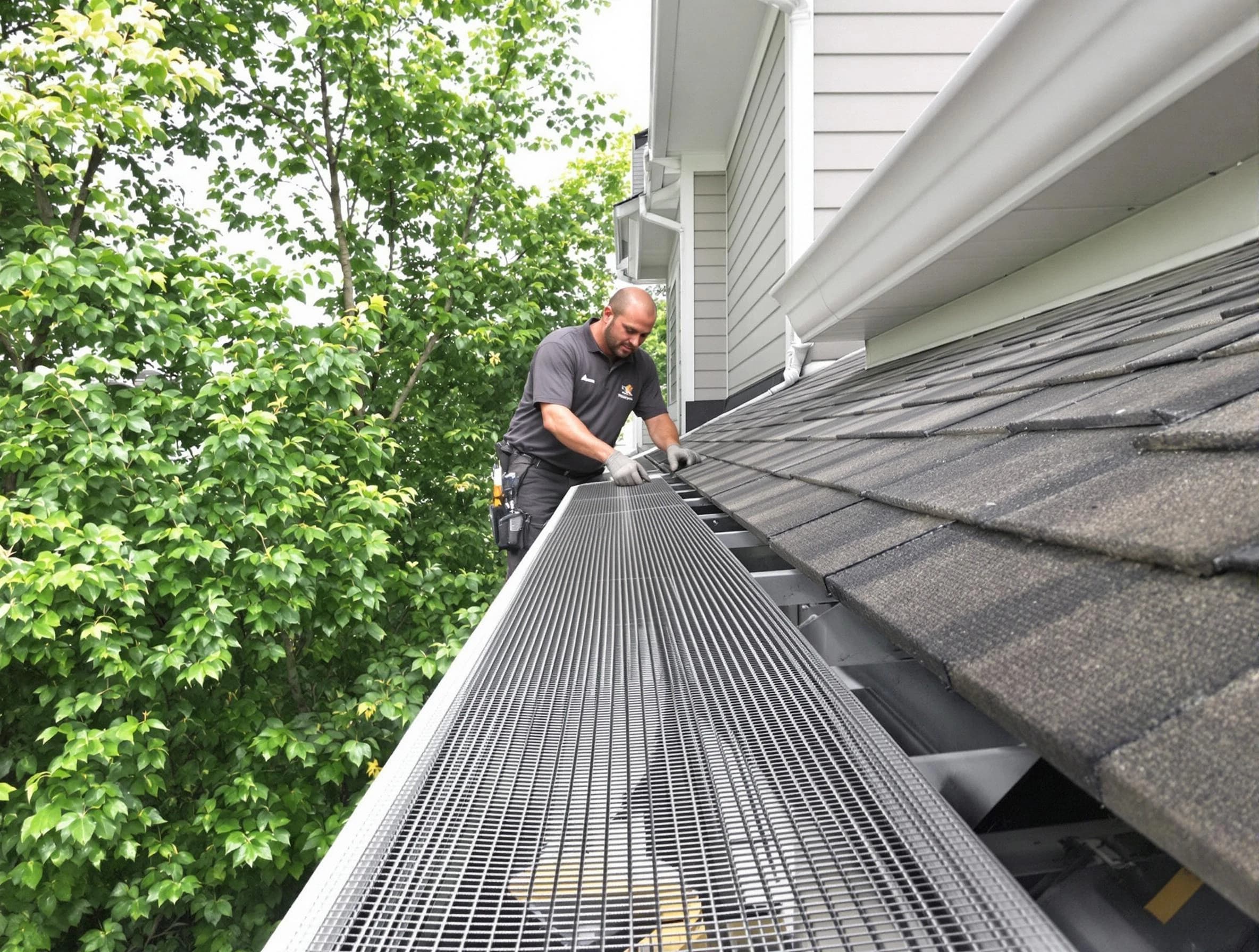 Close-up of gutter guards installed by Fairview Park Roofing Company in Fairview Park, OH