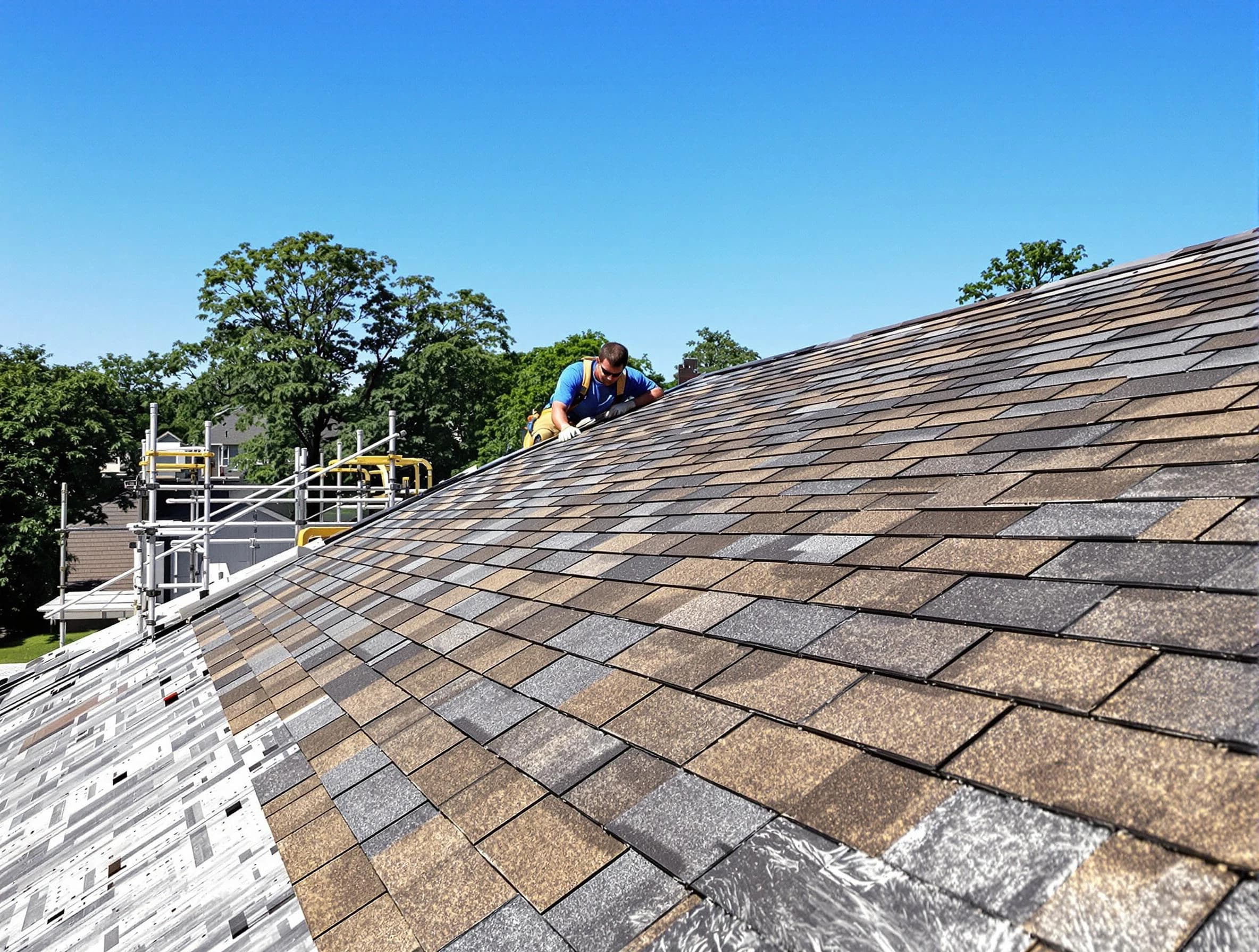 Close-up of new shingles installed by Fairview Park Roofing Company in Fairview Park, OH